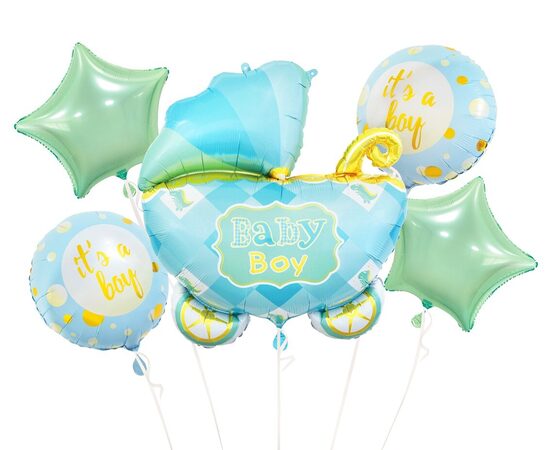Folijas balonu komplekts “Bērnu ratiņi – Baby Boy”, zils, 5 gab.