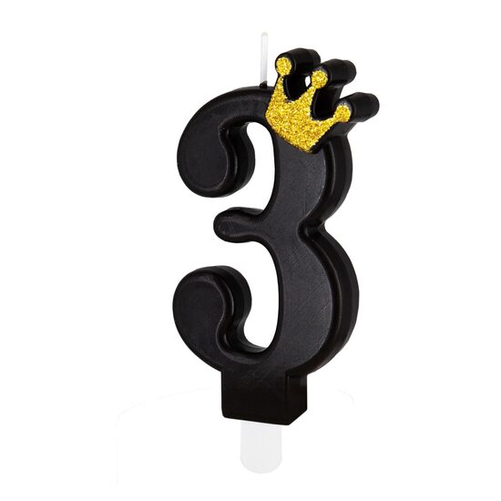 Jubilejas svecīte "3" melna ar zelta krāsas kroni. 