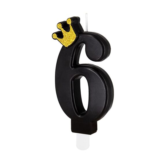 Jubilejas svecīte "6" melna ar zelta krāsas kroni. 