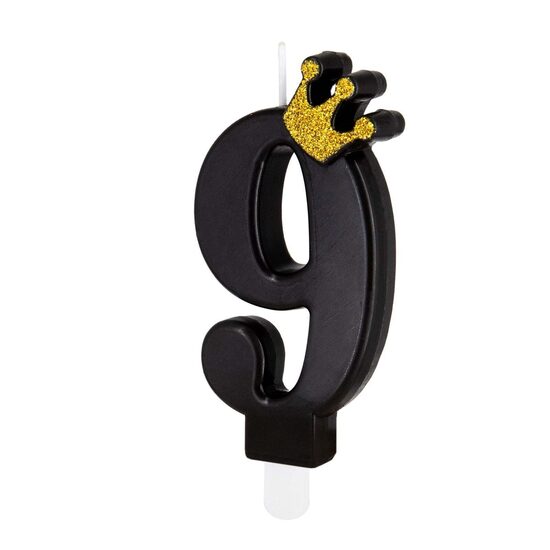Jubilejas svecīte "9" melna ar zelta krāsas kroni. 