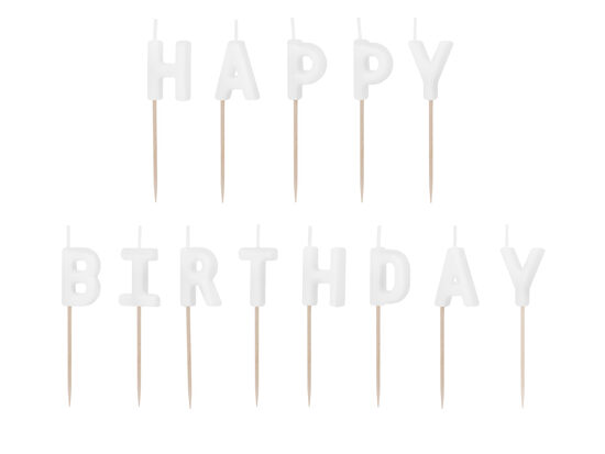 Jubilejas svecītes "Happy birthday" baltā krāsā 13 gab