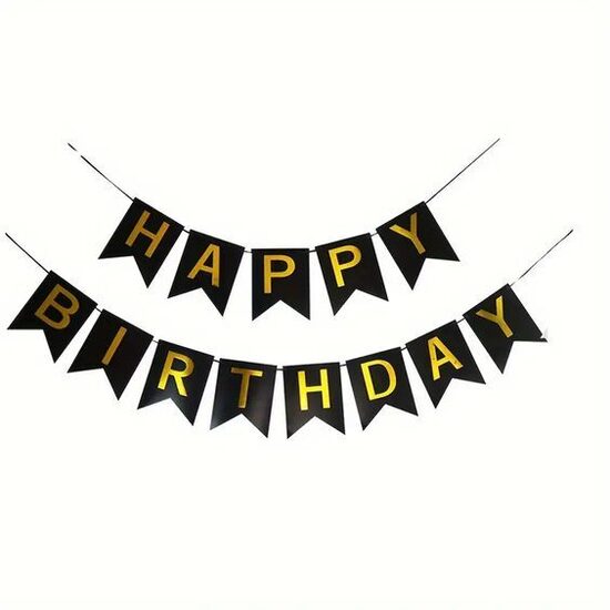 Virtene "Happy Birthday" melnā krāsā ar zelta burtiem.  