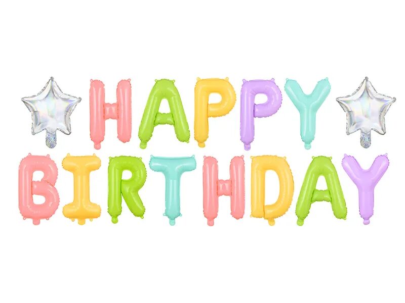 Folija balons - uzraksts "Happy Birthday", krāsains ar sudraba zvaigznēm 