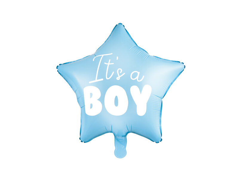 Zvaigznes formas folijas balons "It's a Boy", gaiši zilā krāsā.