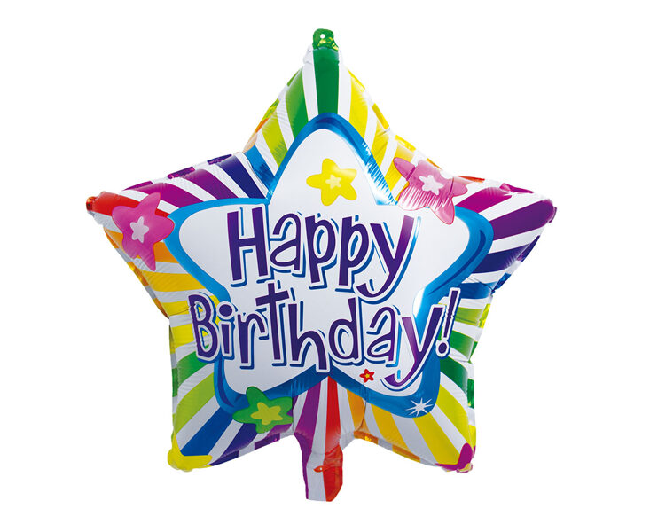 Folija balons zvaigznes formā "Happy birthday" krāsaina ar ziedu elementiem.